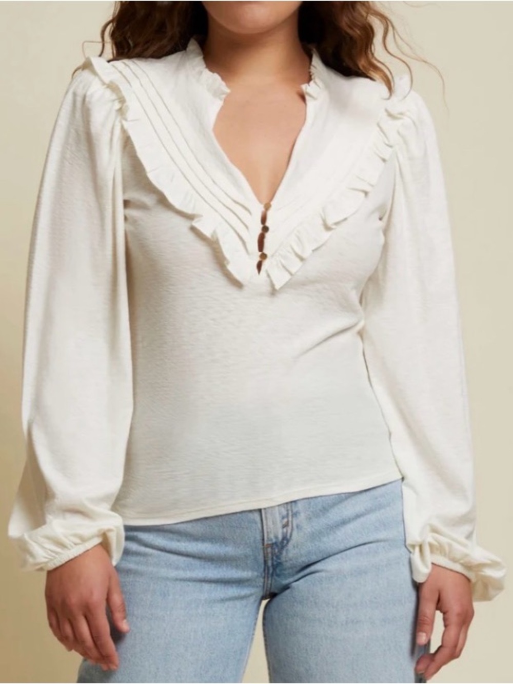 Nation LTD Quintana Yoked Women’s Top Sz Medium Ruffle Trimmed Neck Cream Ivory